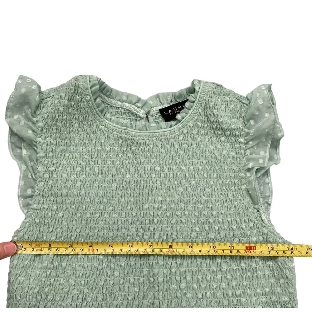 Laundry by Shelli Segal mint seafoam green smocked polka dot blouse with ruffles - Picture 5 of 8